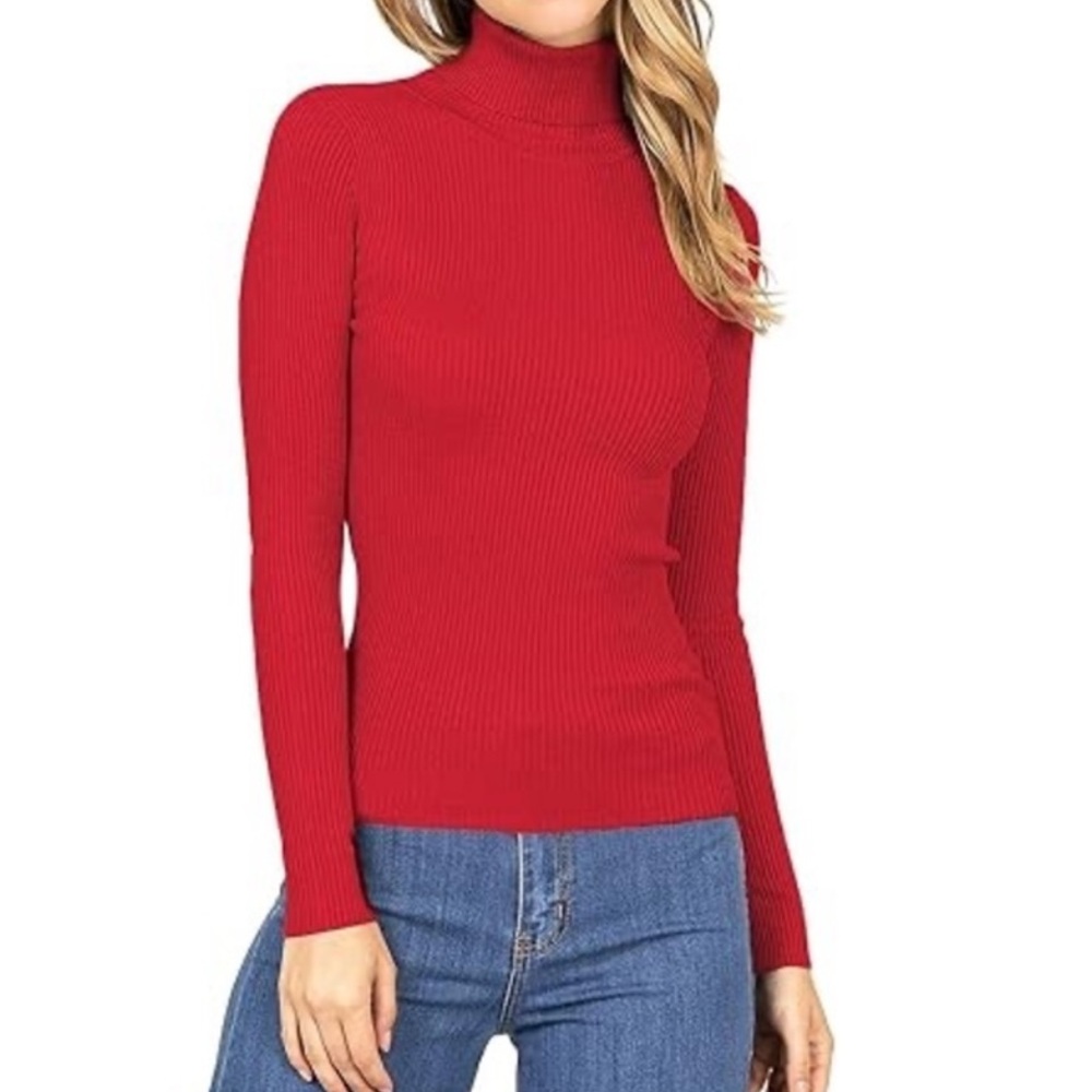 Ambiance Apparel Women’s Sweater‎ Large Red Turtleneck Ribbed Knit Long Sleeve